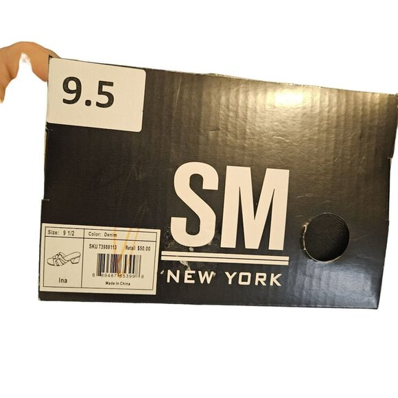 SM New York NWB Ina Denim Block Heel Sandals Open Toe Slip-On‎ Neutral Shoes - Picture 14 of 14